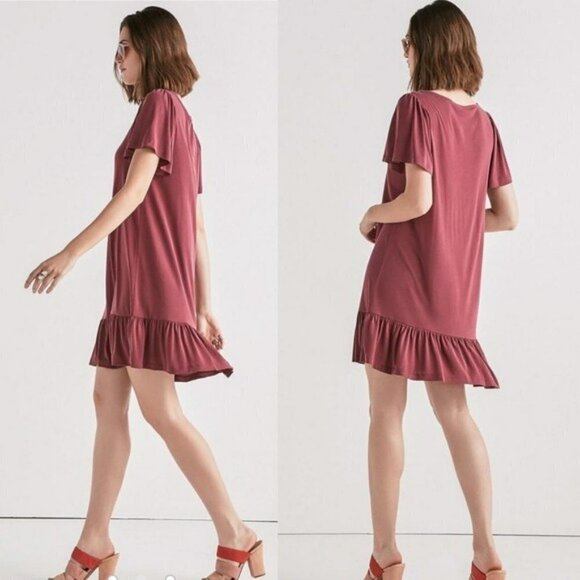 𝅺lucky Brand Sandwash Ruffle Tee Dress Burgundy Flared Sleeves  Size M - Picture 1 of 11